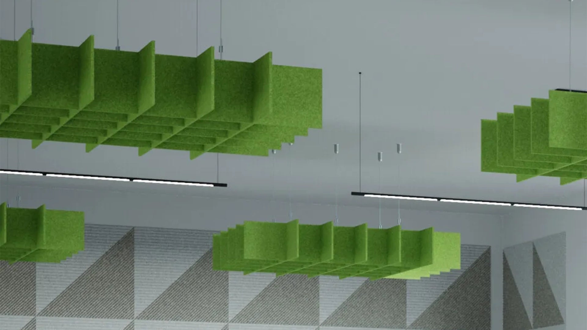 3D Felt Acoustic Ceiling Baffles in grey interior Decormania